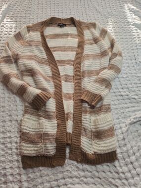 LOVE Striped Open-Front Cardigan Sweater in Cream and Brown